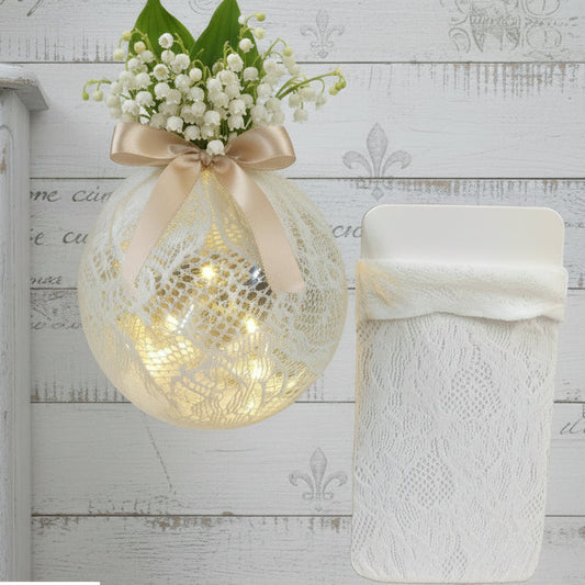 bianco vetrina negozio tessuto tubolari elasticizzati pizzo rete cotone estensibile per bambole fiori rose sfere palline Natale uova Pasqua decorazioni addobbi bamboline