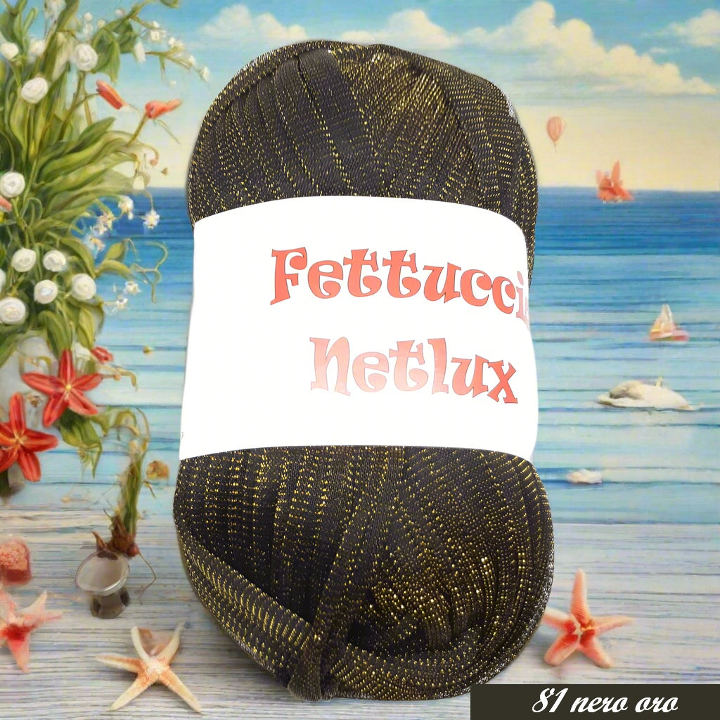 nero oro fettuccia Netlux filato di tulle glitter per borse uncinetto cappelli copricostume maglie estivo abbigliamento moda mare spiaggia piscina shopper clutch bags colori fashion