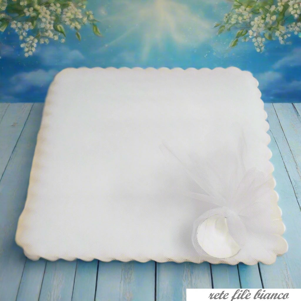 quadrato tulle filè retina bianca uso fai da te bomboniere confezionare portaconfetti con confetti modello ciuffetto pompon sacchetto caramella