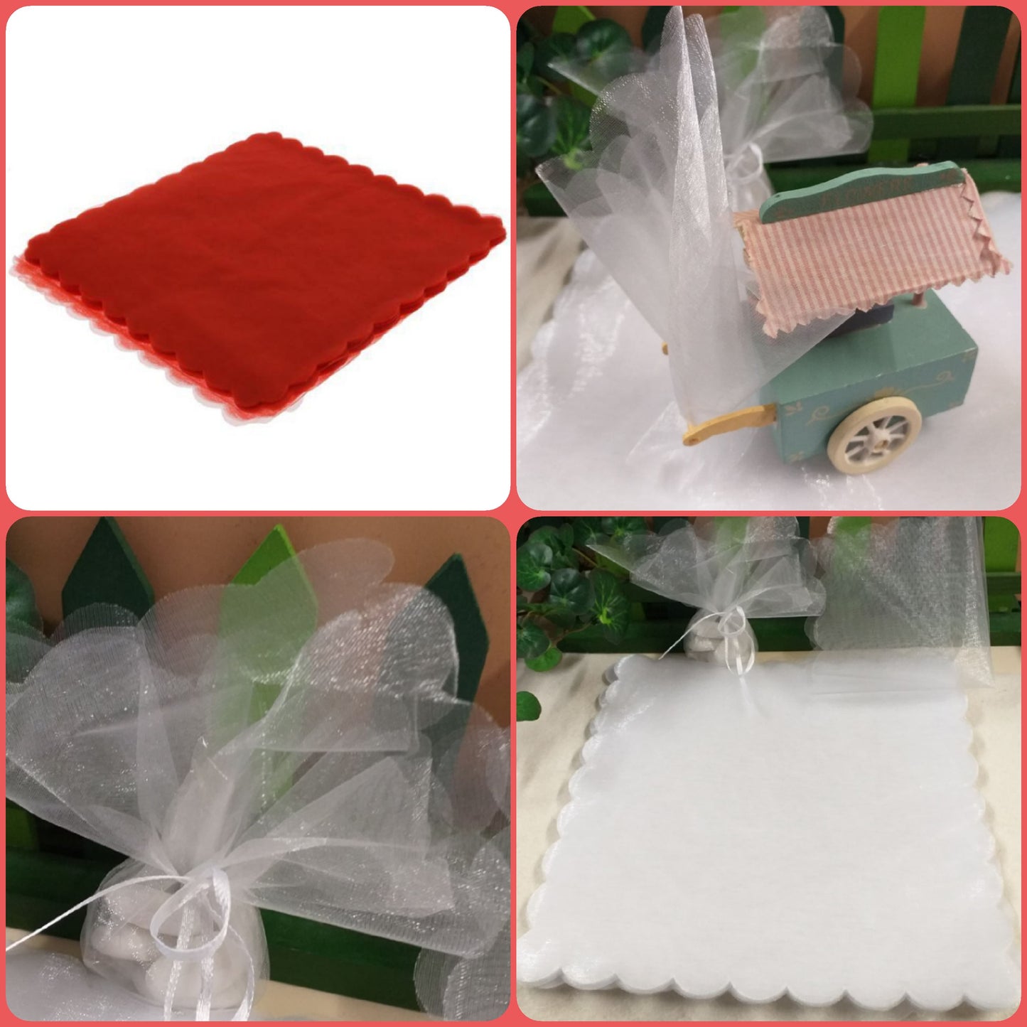 tulle quadrato per bomboniere fai da te confetti in velo di fata organza bordo smerlato bianco rosso idee esempi confezionamento packaging matrimonio laurea comunione cresima