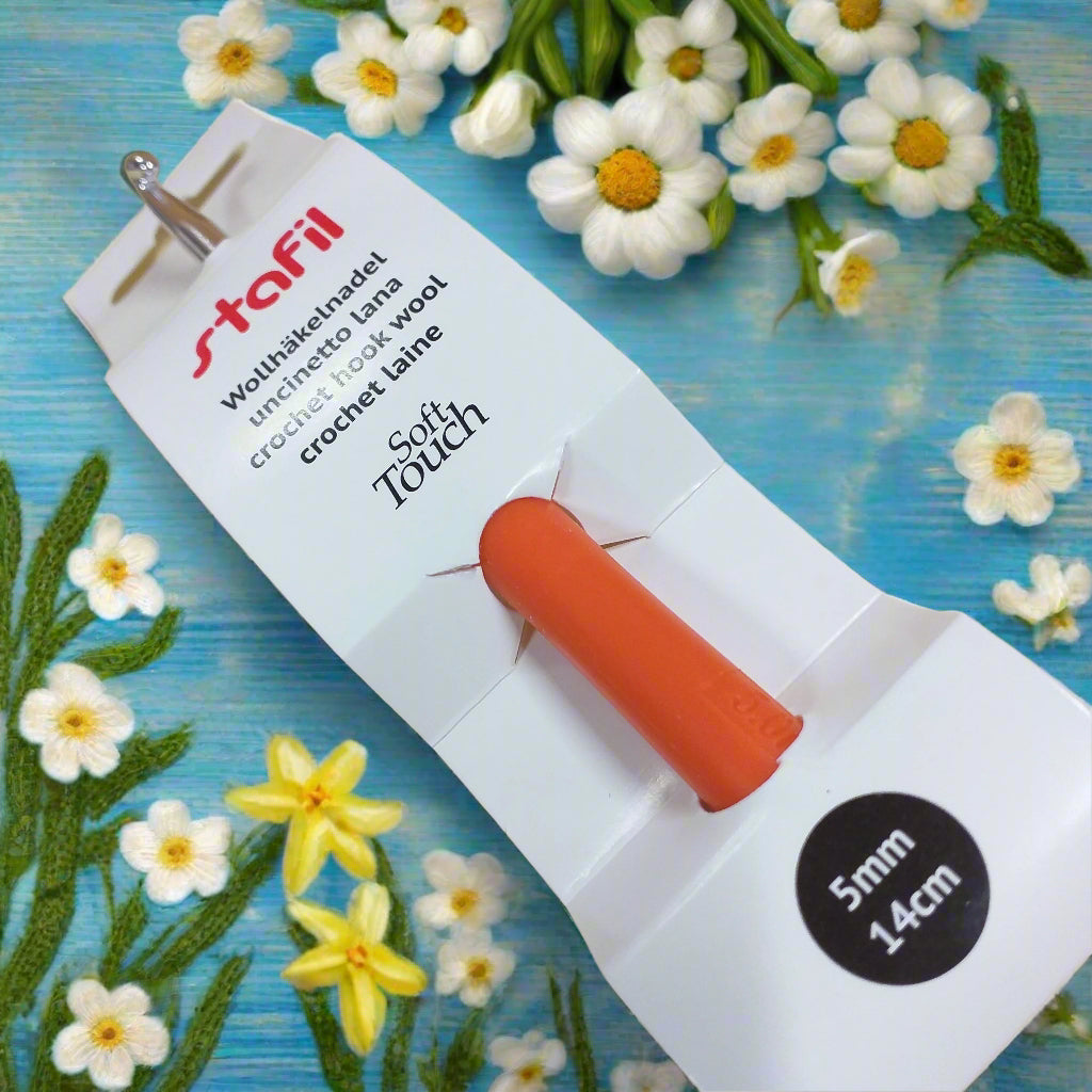 Stafil wollhakelnadel, crochet hook wool, soft touch uncinetto alluminio manico gomma ergonomico misura 5 mm per fettuccia corda lana filato cotone grosso cordoncino borse tappeti cuscini