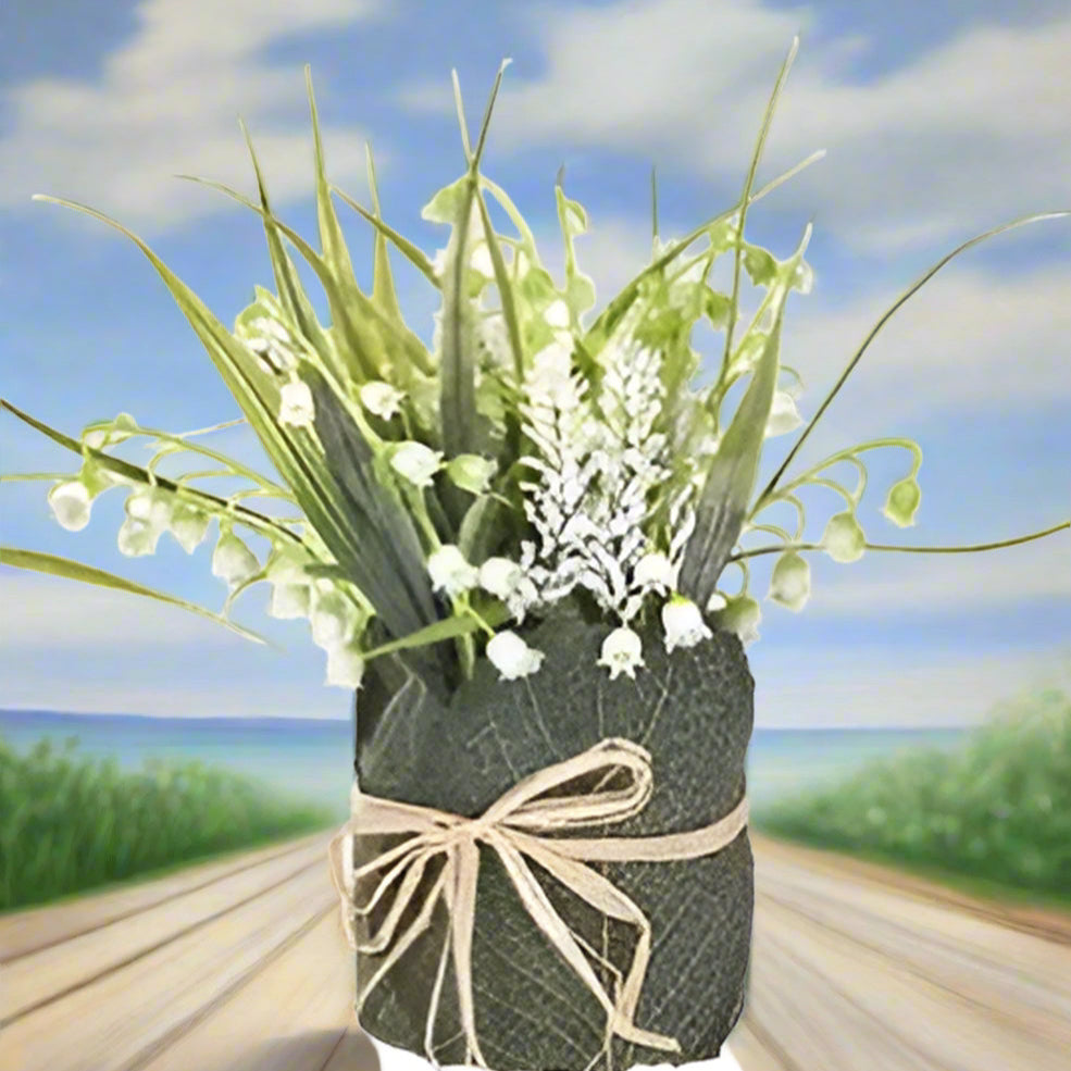 vaso green foglie con rametti pick mughetti bianchi fiori finti artificiali per fai da te bomboniere allestimento matrimonio centrotavola floreali vetrine