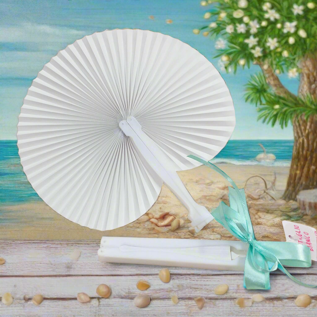 fiocchetto tiffani-chiaro ventaglio carta bianco pieghevole uso allestimento unione civile matrimonio cerimonia comunione cresima estate da decorare o dipingere fai da te personalizzato con o senza fiocco coccarda di nastro