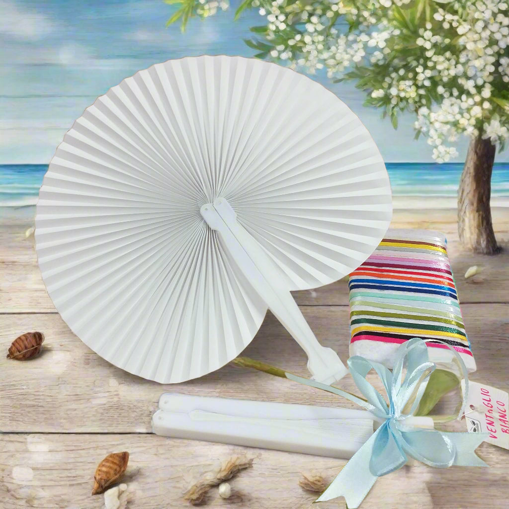 nastrino azzurro celeste ventaglio carta bianco pieghevole uso allestimento unione civile matrimonio cerimonia comunione cresima estate da decorare o dipingere fai da te personalizzato con o senza fiocco coccarda di nastro