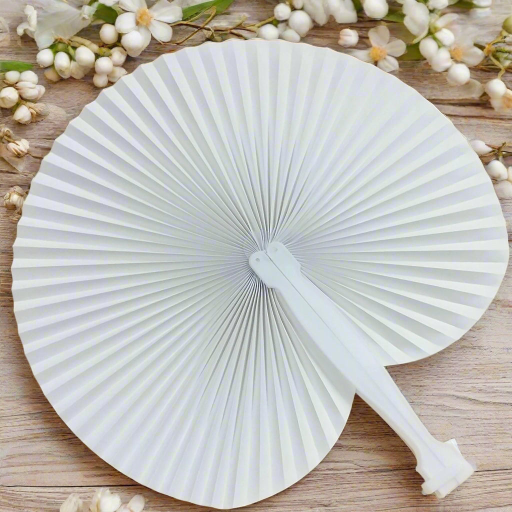manico plastica economico ventaglio carta bianco pieghevole uso allestimento unione civile matrimonio cerimonia comunione cresima estate da decorare o dipingere fai da te personalizzato con o senza fiocco coccarda di nastro