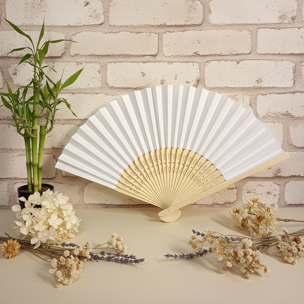 allestimento fiori secchi piantina bambù e ventaglio carta bamboo pieghevole uso bomboniere matrimonio cerimonie estive Battesimo anniversario nozze Comunione