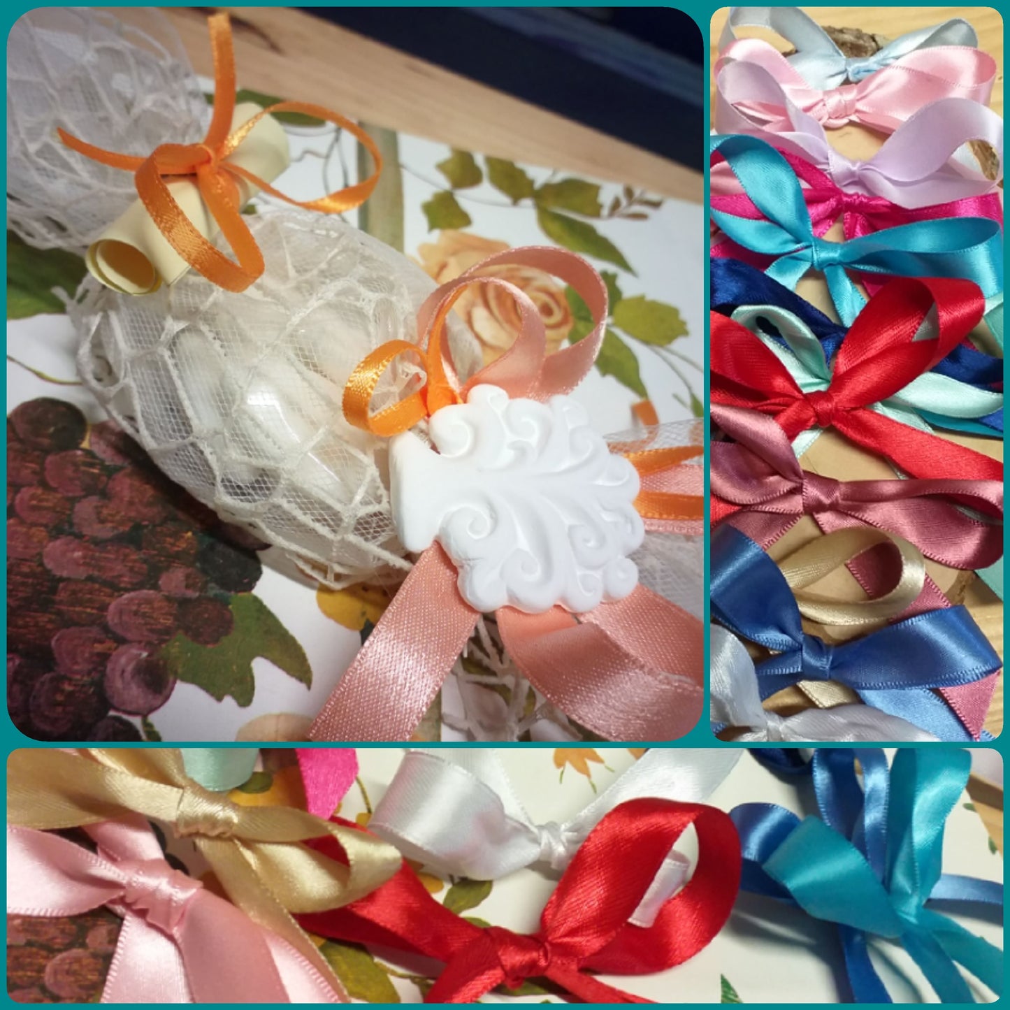 colori nastri gessetto albero della vita bomboniere matrimonio battesimo comunione confezionate caramella pizzo rete bianca nastro pergamena confetti
