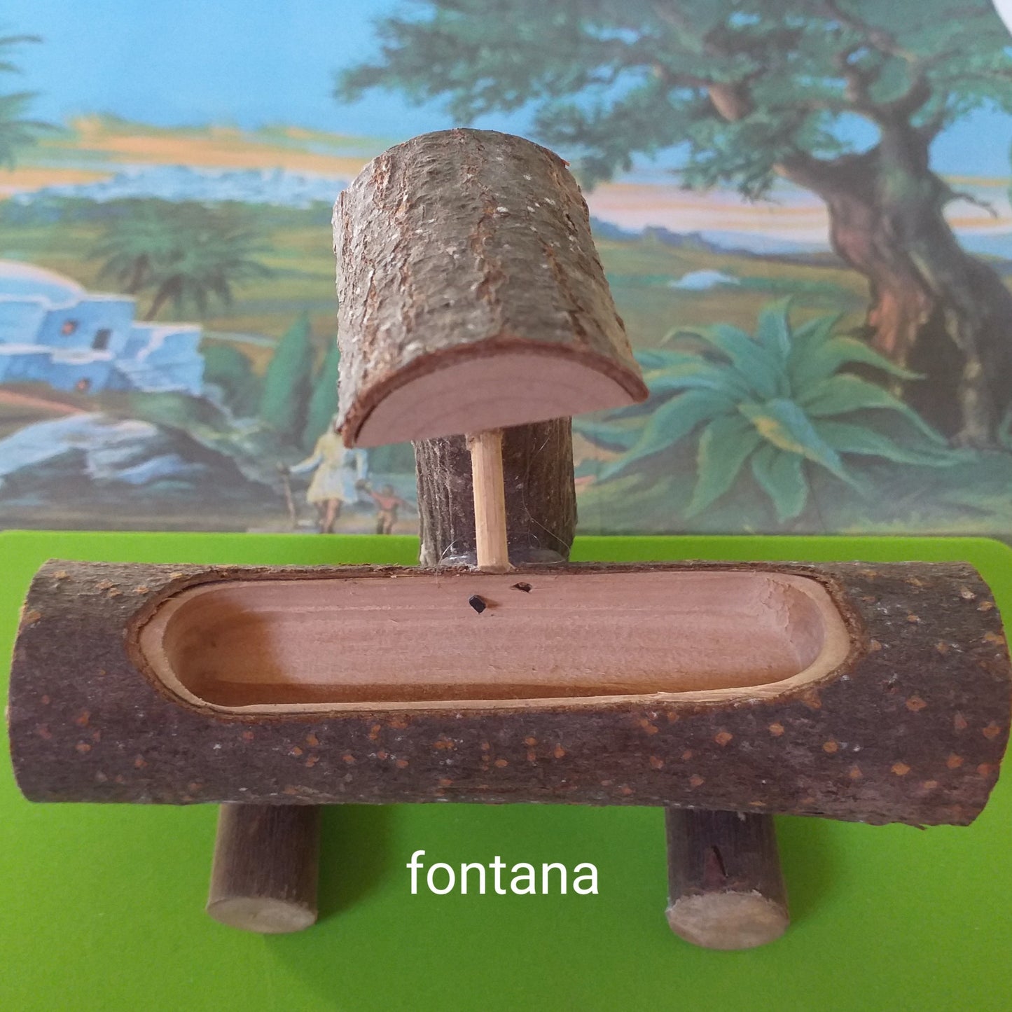 fontane rustiche in legno grezzo composizione per ambientazione Presepe miniature giardino mini paesaggio uso arredamento bonsai alberelli piantine di perline e fili di ferro