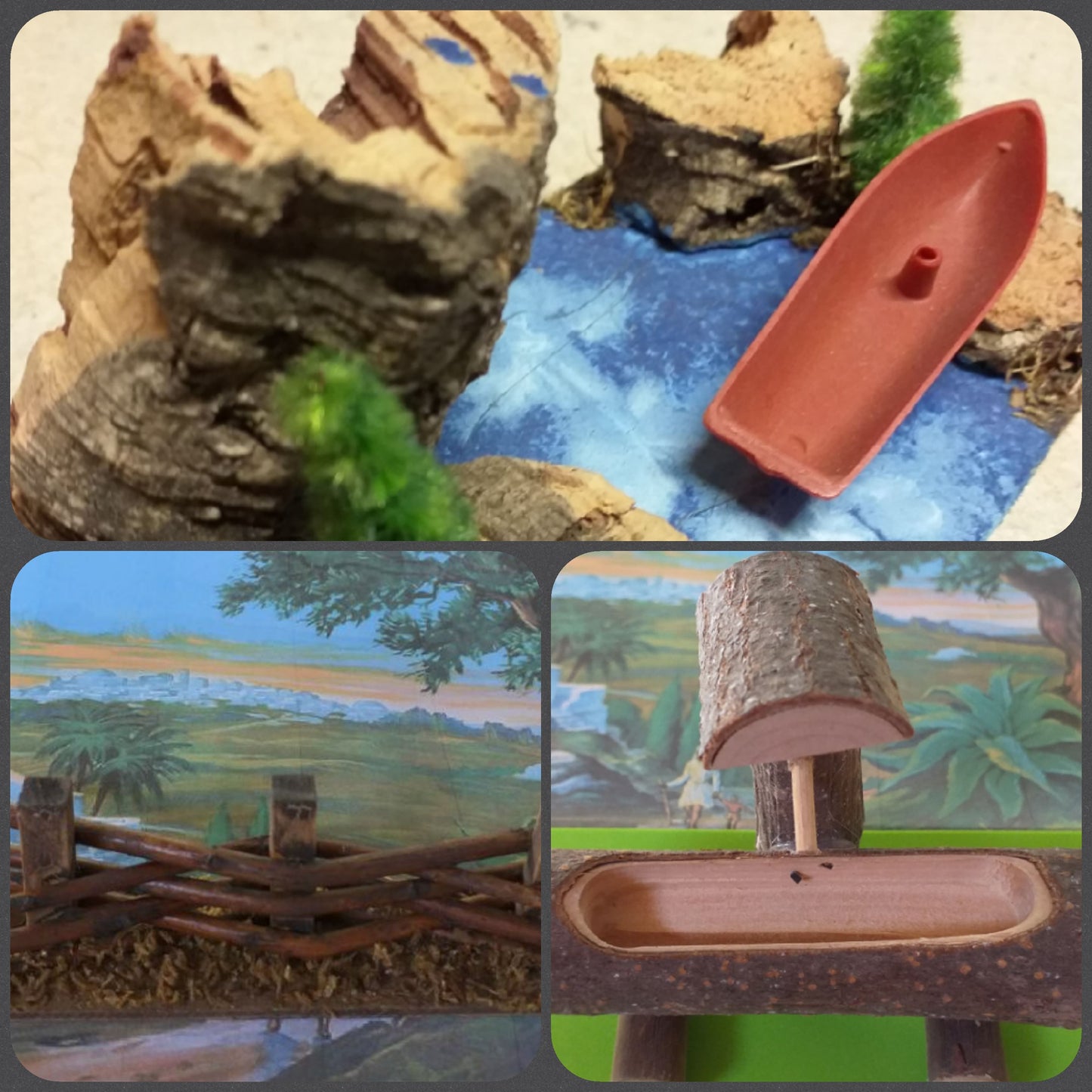 Fontana staccionata legno ambiente ponte con fiume arredi ambientazione rustica uso arredamento Presepe miniature giardino bonsai alberi piantine di perline casa bambole