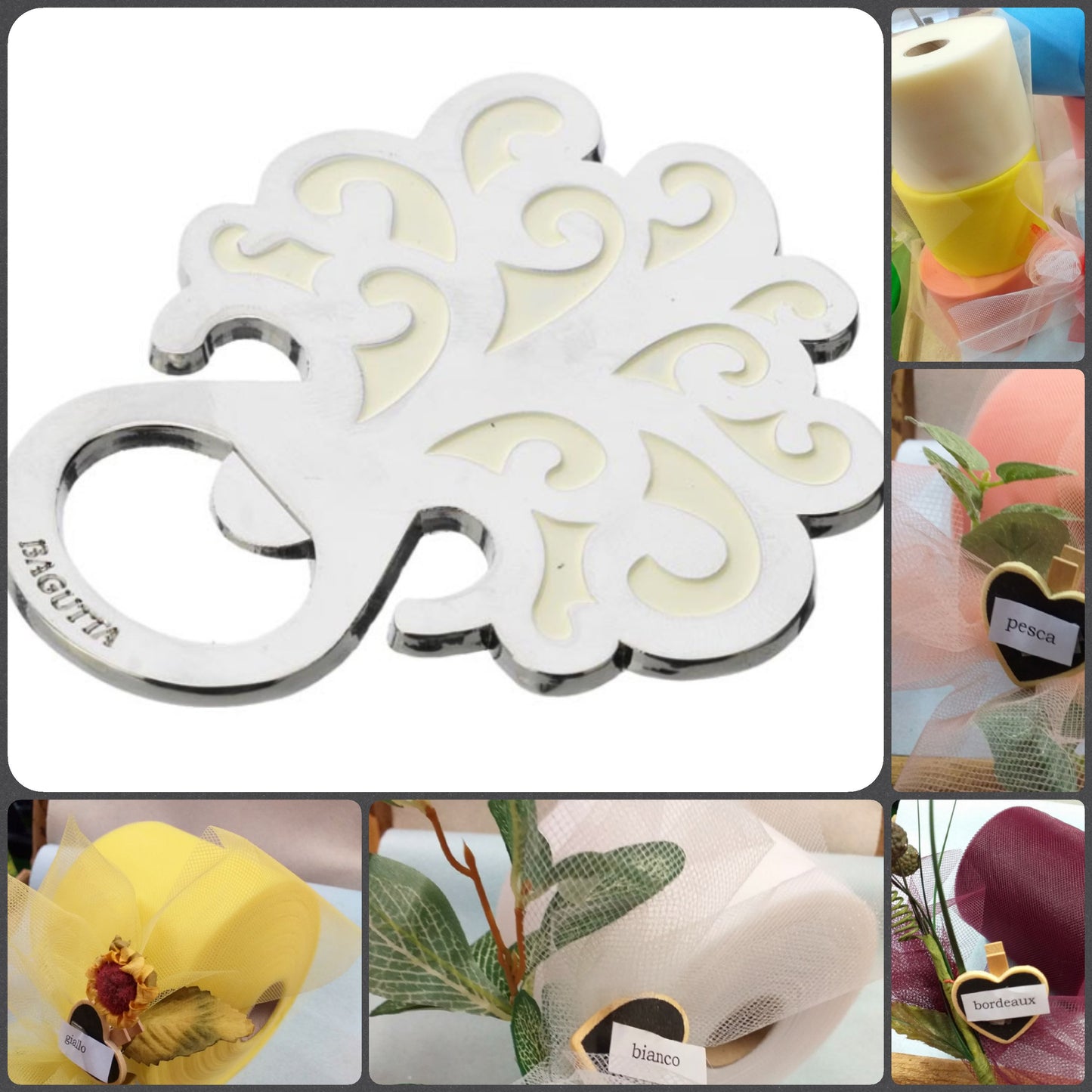 vendita offerta negozio online stock bomboniere matrimonio apribottiglie cavatappi albero della vita bianco con bustina con quali colori confezionare di tulle
