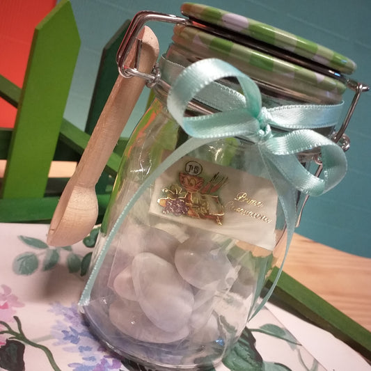 barattolo portaconfetti vetro cucchiaio legno bomboniere Comunione Cresima vasetto ermetico con tappo ceramica verde confezionato 7 confetti nastro bigliettino personalizzato