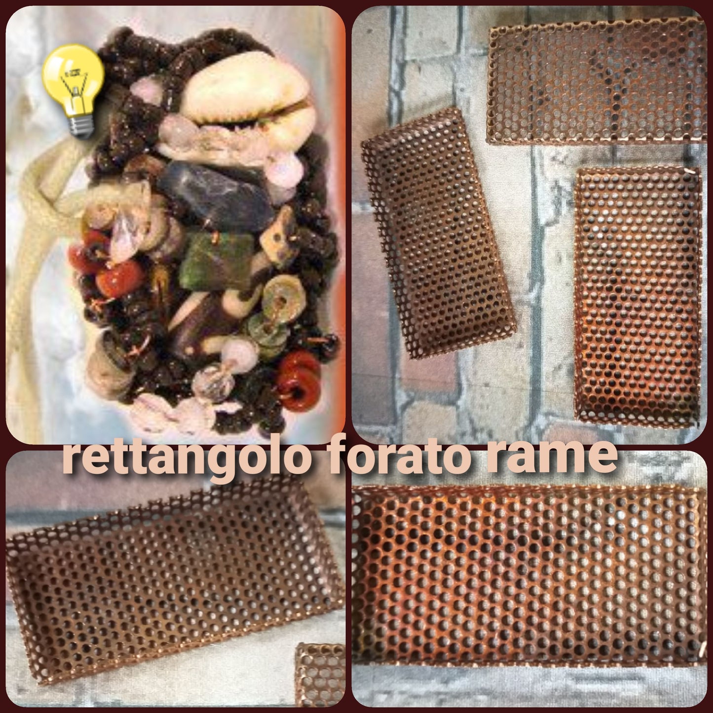 basi per ciondoli bigiotteria minuterie metalliche rame rettangolo forato tecnica riccio perline pietre conchiglie, idea centrale collana corda