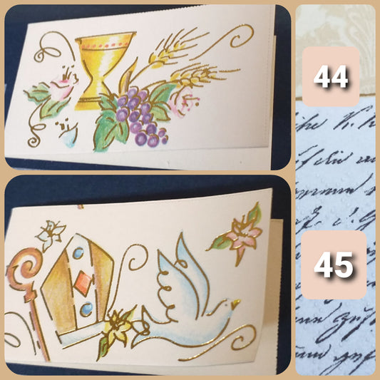 bigliettini bomboniere confetti Comunione Cresima simboli Calice Mitria spighe uva pastorale colomba giglio