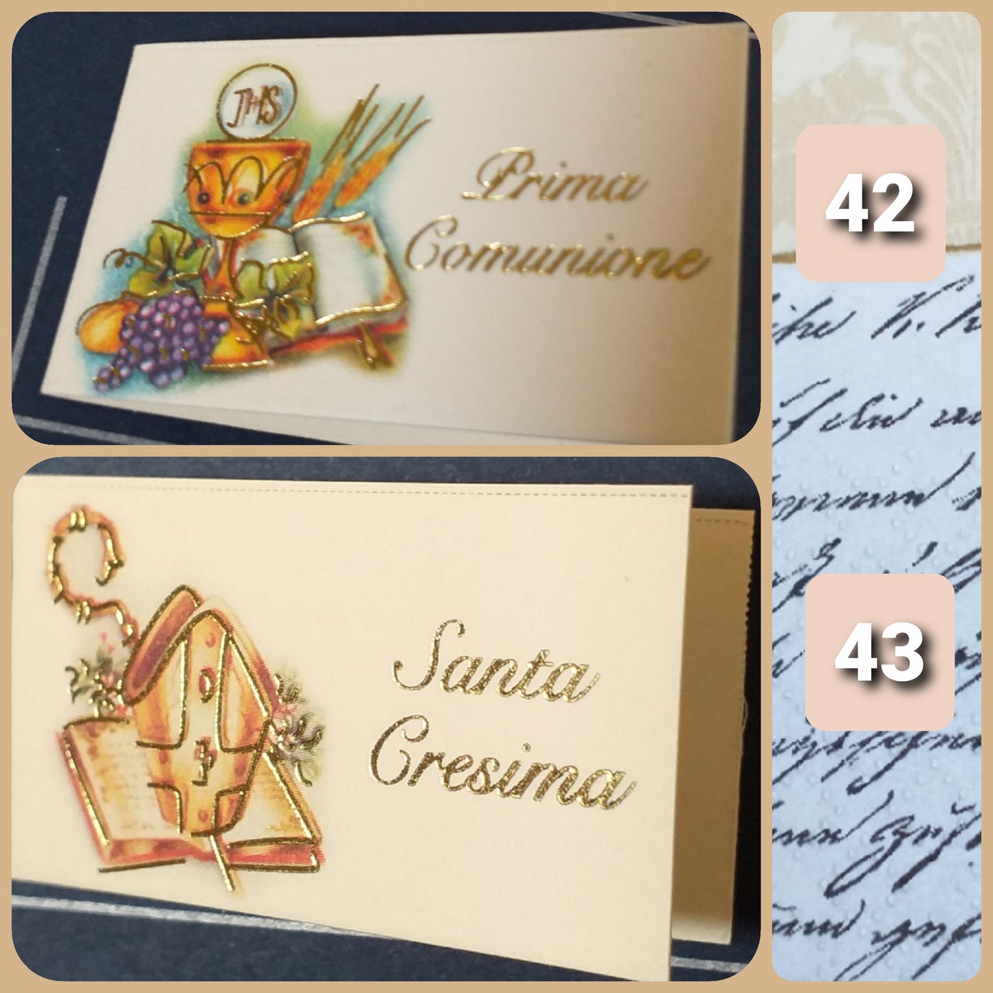 simboli e scritta negozio bigliettini bomboniere e confetti per Prima Comunione Santa Cresima Calice Mitria spighe uva pastorale Vangelo