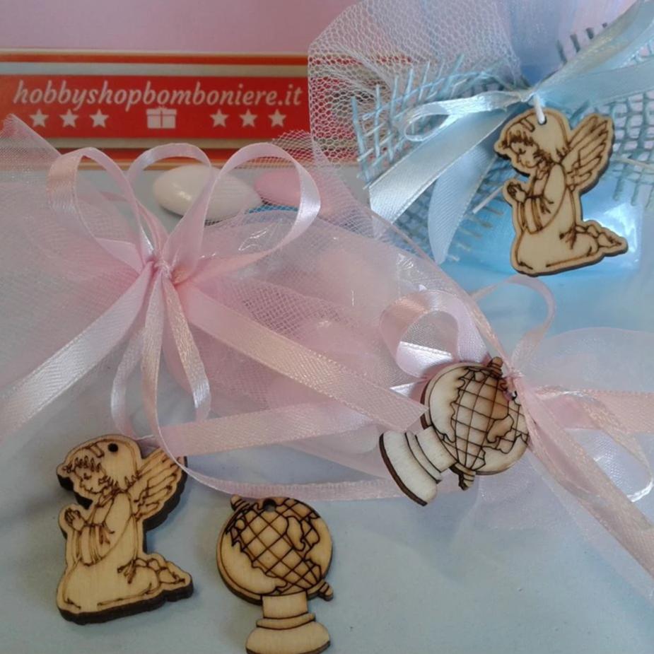 sacchetto caramella bomboniere 1 euro rosa celeste con ciondoli angioletto mappamondo
