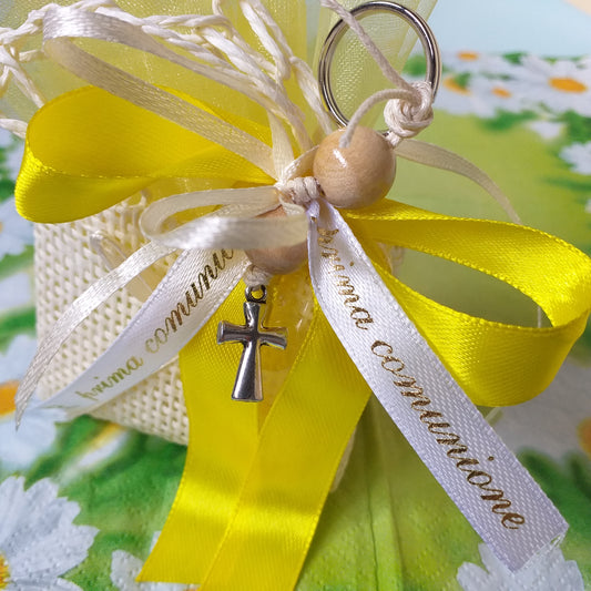 Bomboniere Comunione Cresima Croce portachiavi confezioni sacchetti juta di rafia sportine shopper borsetta e giallo