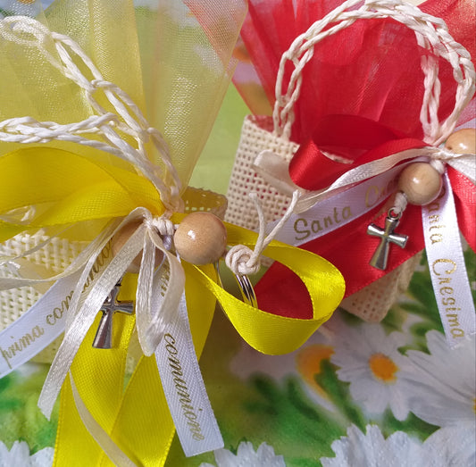 Bomboniere Comunione Cresima Croce portachiavi confezioni sacchetti juta di rafia sportine shopper borsette