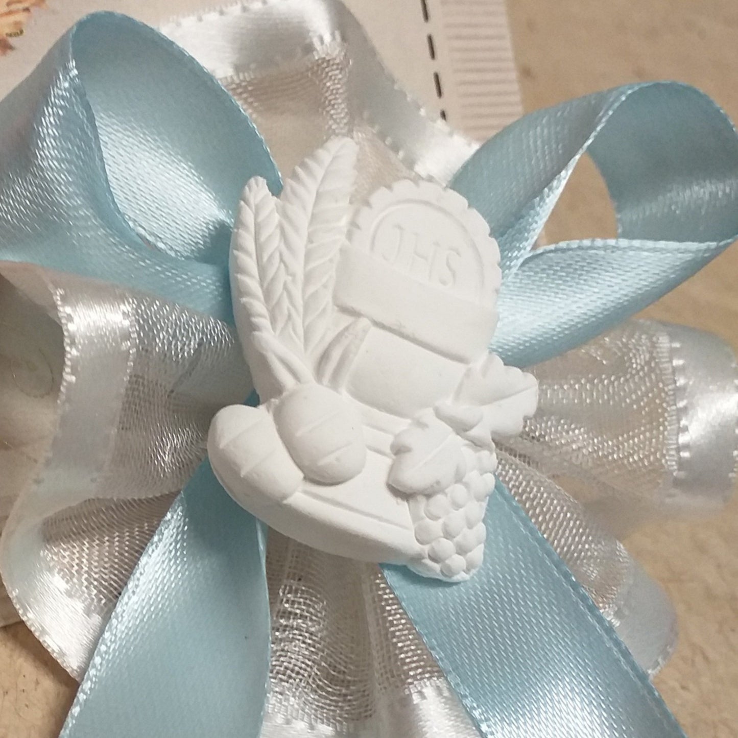 gessetto JHS spighe grano uva pane simboli Comunione per bomboniere segnaposto coccarda di nastro uso chiudipacco regalo scatole pensierini maestre catechisti bambini amici
