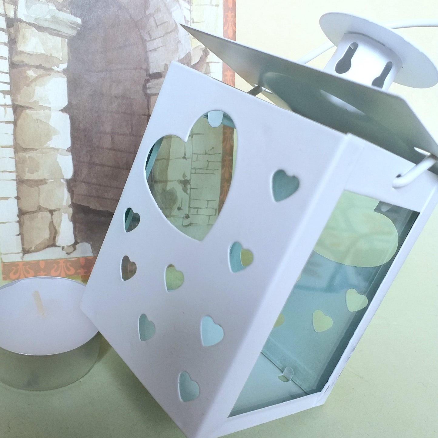 lanterna bomboniera bianca tema cuore e cuoricini con candelina oggettistica ricordo regalo pensierino per matrimonio Prima Comunione Battesimo Santa Cresima