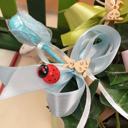 azzurro celeste per bimbo maschietto applicazione ciondolo legno coniglietto bebè palloncini confezionata bomboniera offerta 1 euro nascita babyshower segnaposto battesimo confetto monoporzione foglia tulle coccarda nascita