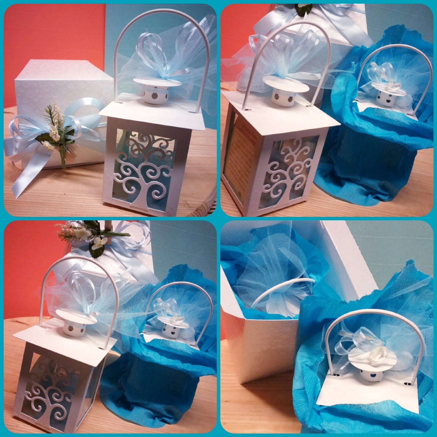 bianco celeste albero della vita bomboniere lanterna portacandela metallo confezionate confetti ideali per matrimonio Battesimo Comunione Cresima con sacchettini tulle bigliettino
