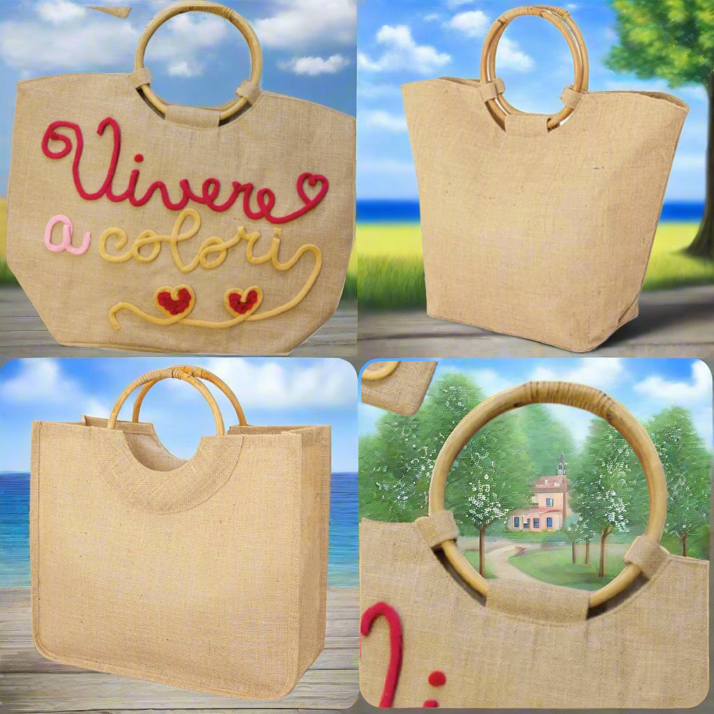 Borse juta da rivestire con manici bambù per scritte con nomi