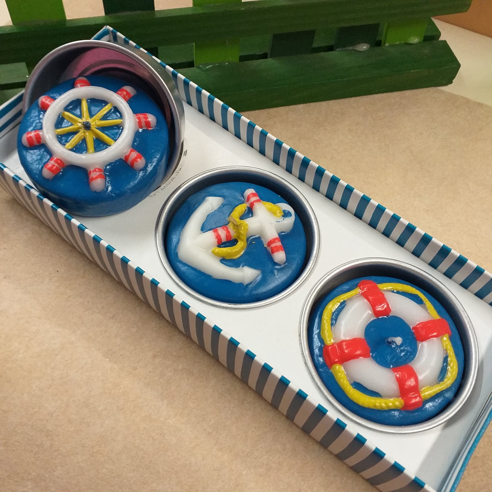 tema mare tris lumini timone ancora salvagente candele con base metallo decorative artigianali particolari idee regalo e bomboniere