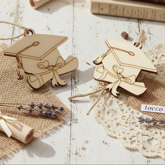 tocco cappello di laurea legno pirografato piastrine legnetti applicazioni come decorazione fai da te bomboniera ciondolo di legno naturale spago