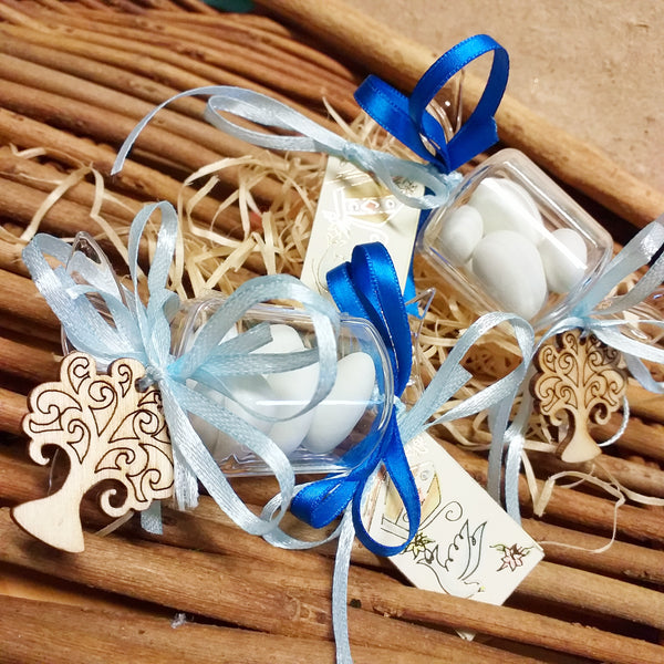 bomboniere caramelle portaconfetti plexiglass confezionate con cinque confetti bimbo ciondolo albero della vita legno per prima comunione cresima battesimo nastro blu celeste
