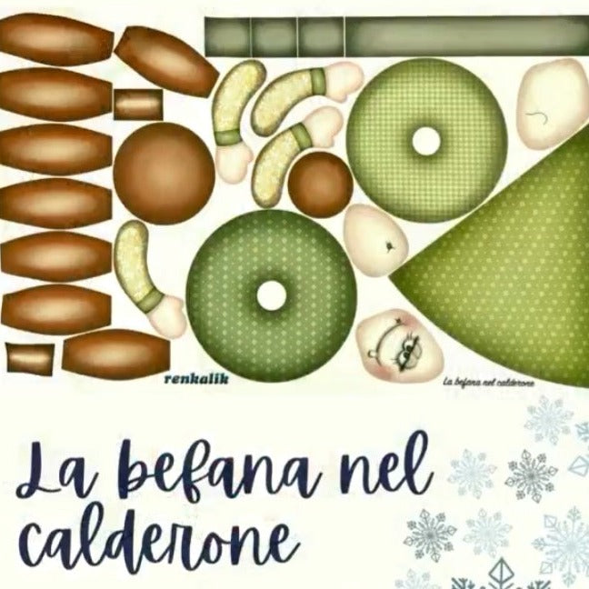 la befana nel calderone pannello panno kraft 3D Renkalik fai da te cucito creativo pupazzi Natale tessuto stoffa disegnato stampato colorato con cartamodelli a grandezza naturale