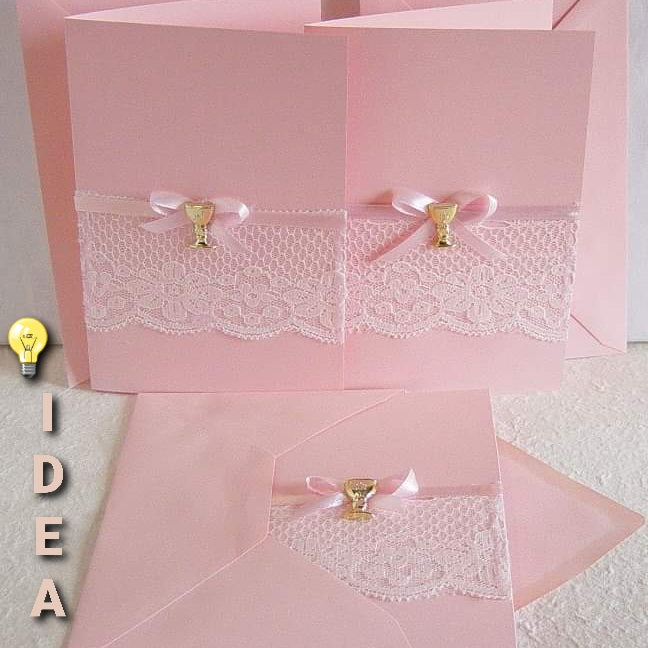 idee Prima Comunione Cresima Cartoncini buste colorati rosa per inviti biglietti stampati e fai da te pizzo simboli Calice