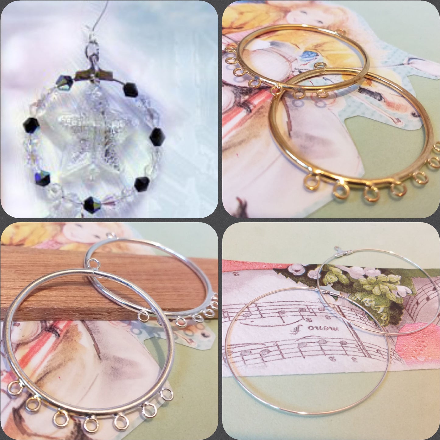 negozio basi argentate dorate apribili saldate per 7 ciondoli cerchi di metallo orecchini fai da te idea perline cristalli Swarovski per pendenti con anelloni di minuteria bigiotteria