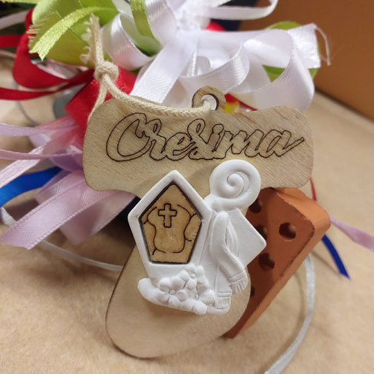 colori misti Tau legno Croce con applicazione simboli gesso Mitria pastorale vescovo giglio originali segnaposto Santa Cresima scritta e coccarda fiocco nastro