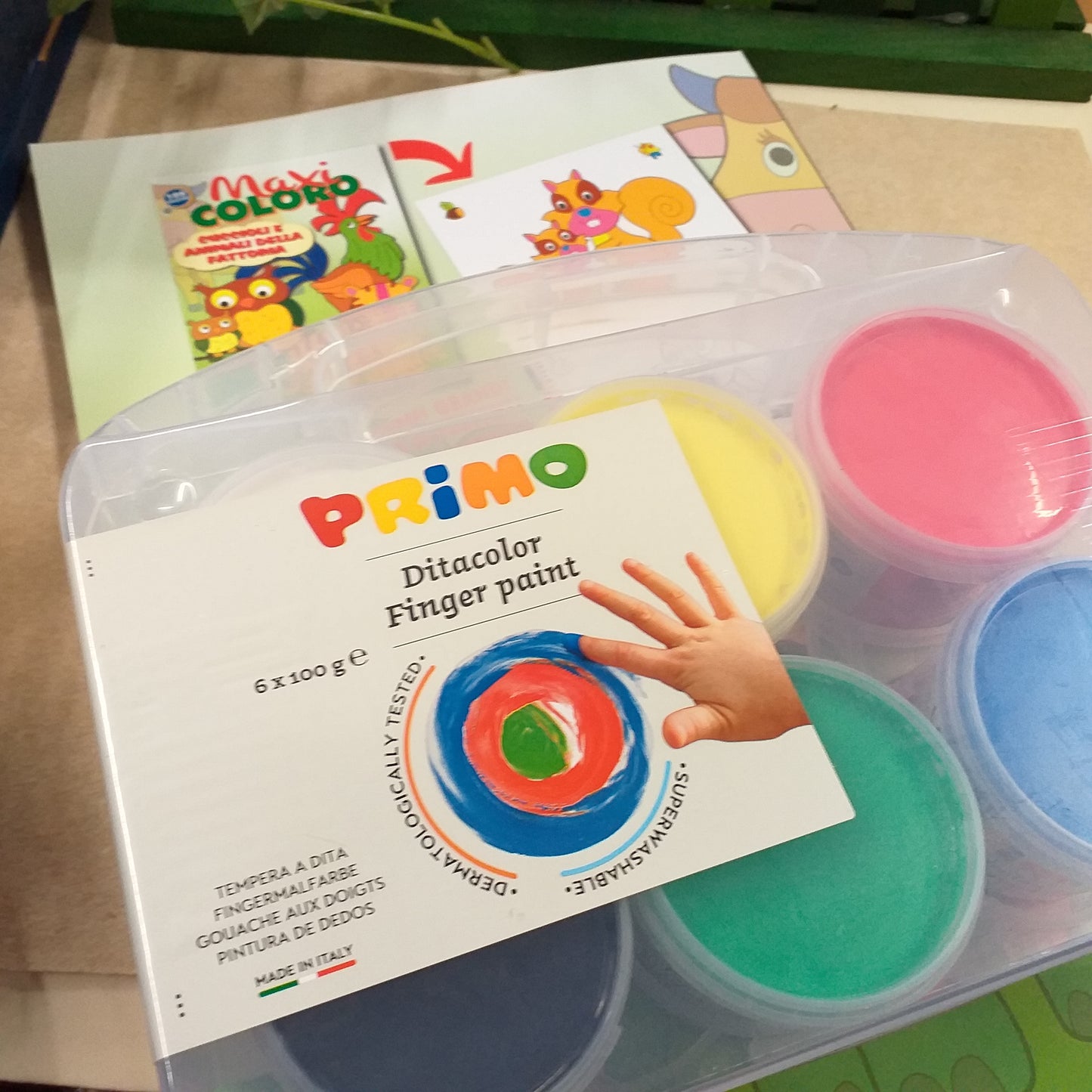 maxi coloro Ditacolor finger paint valigetta Primo kit 6 tempere colori dita e mani per lavoretti bambini disegnare colorare dipingere pitturare animali della fattoria