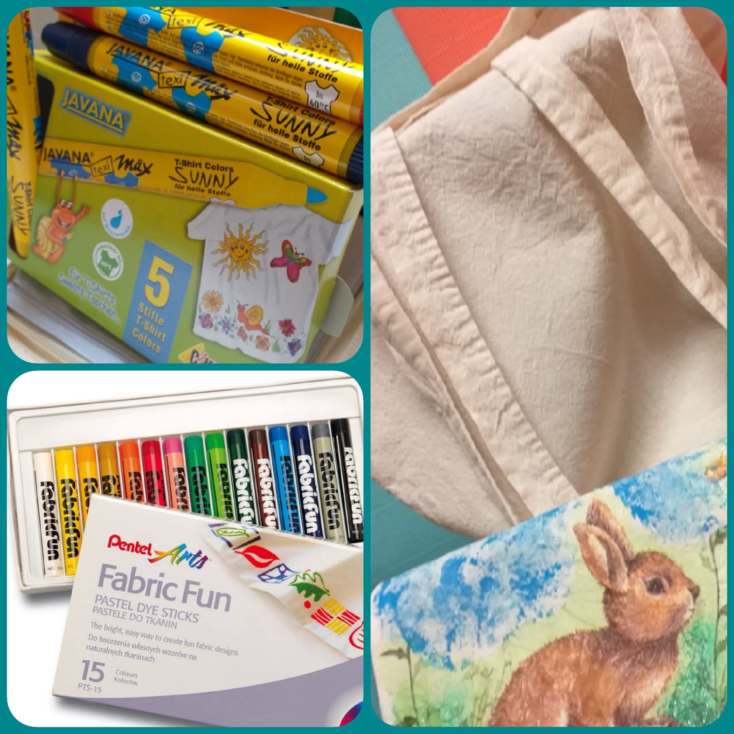 borsa shopping cotone stoffa chiaro e kit pennarelli Kreul o Pentel Arts Fabric Fun pastelli a cera 15 colori per tessuto uso dipingere magliette scarpe sacchetti t-shirt per bambini creativi hobby colorare