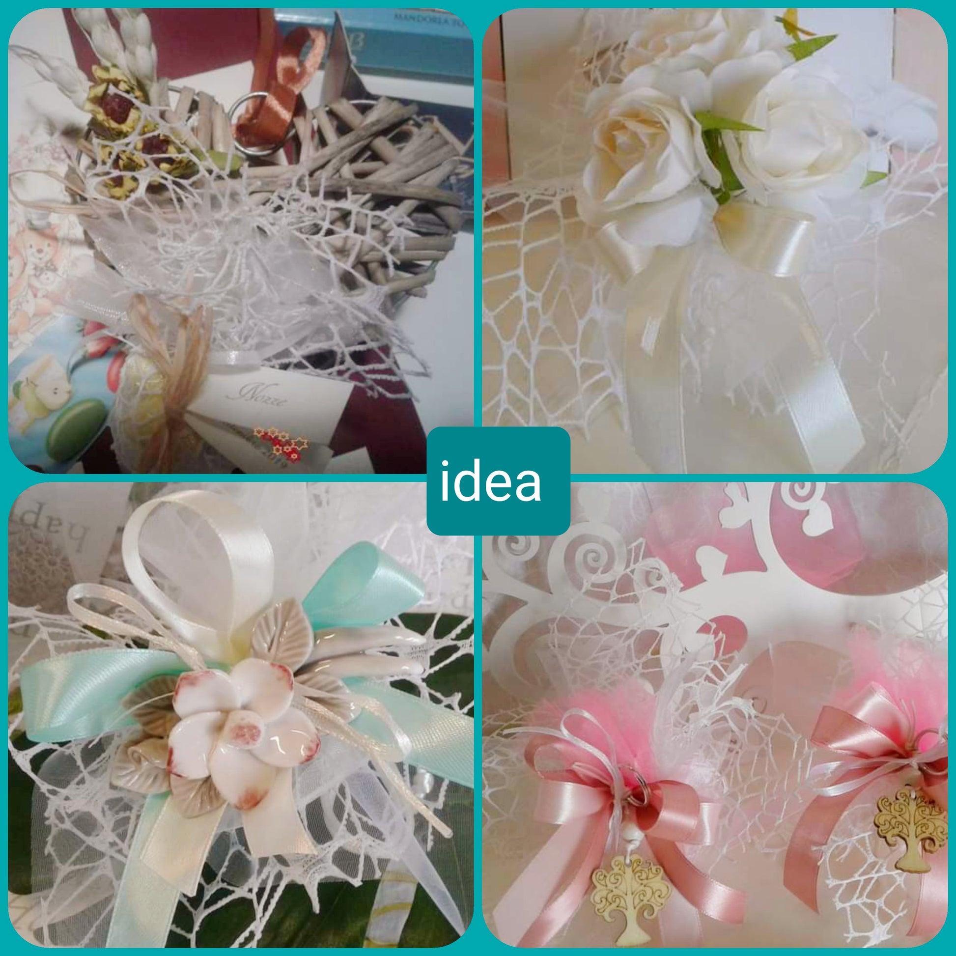 Idee confezionamento Packaging segnaposto bomboniere fai da te fiori porcellana albero della vita cuoricino viticcio rattan con sacchetti portaconfetti tulle centrino rete velo con tirante