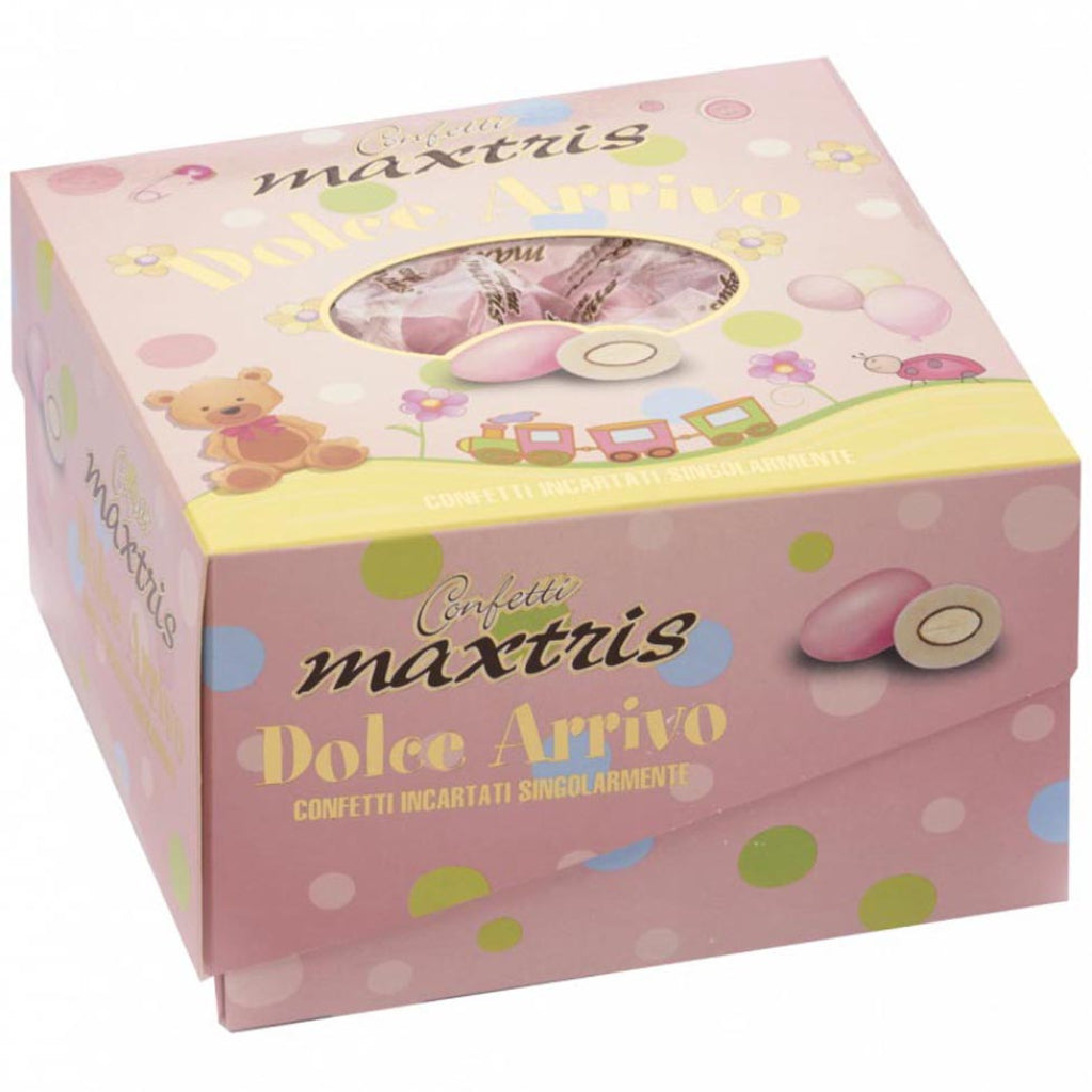 dolce arrivo rosa maestri confettieri vassoio cesto scatola 500 g circa 90 confetti maxtris rosa bimba incartati singolarmente 1 ad 1 bustina sigillata monoporzione ciocomandorla tostata