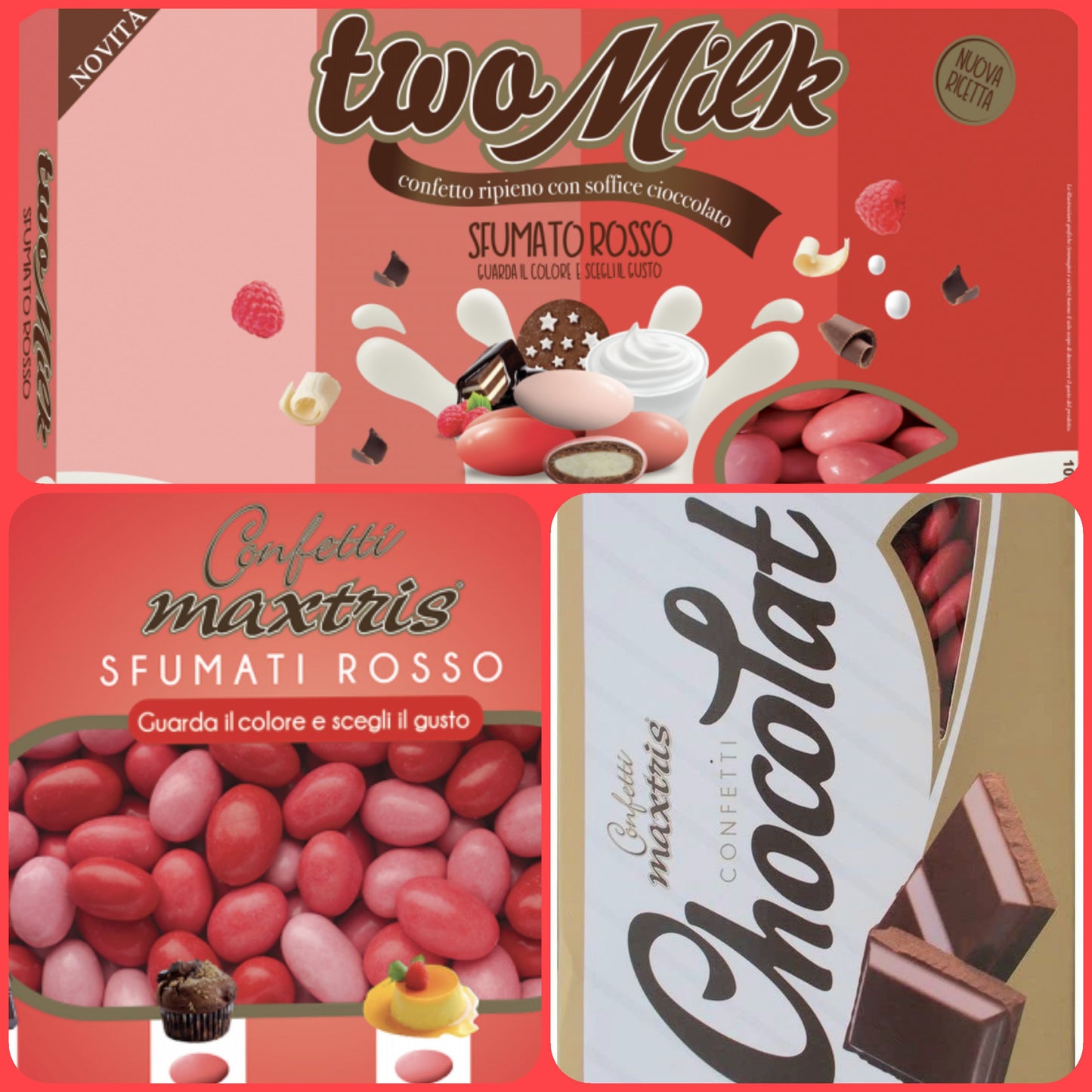 confetti rossi laurea per bomboniere e confettata Maxtris cioccolato mandorla gusti e sfumati