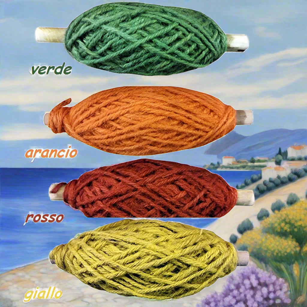 corda spago verde arancio rosso giallo flax cord juta uso uncinetto hobby creativi filo di cordoncini per borse cestini cappelli confezionamento packaging bomboniere