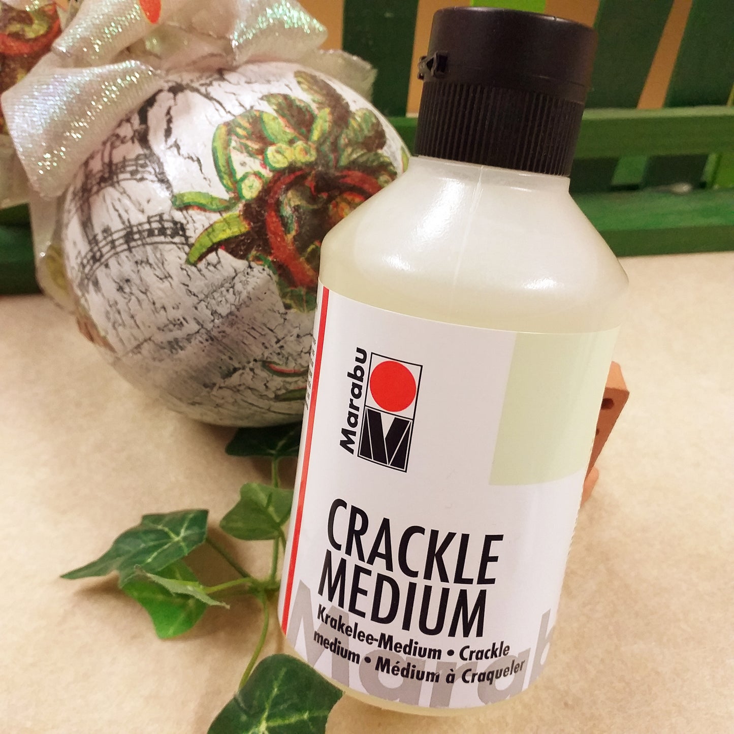 stock flacone 250 ml medium crackle a base d'acqua vernice screpolante craquelè Stafil-Marabu uso come medium decorare con effetto antico di crepe su vasi terracotta con carta tradizionale, di riso e tovaglioli o colori di pittura