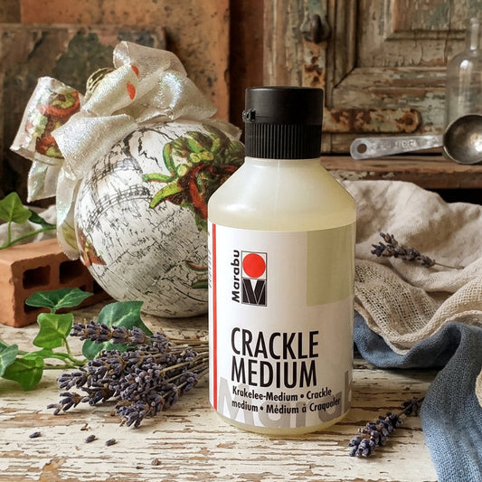 stock flacone 250 ml medium crackle a base d'acqua vernice screpolante craquelè Stafil-Marabu uso come medium decorare con effetto antico di crepe su vasi terracotta con carta tradizionale, di riso e tovaglioli o colori di pittura