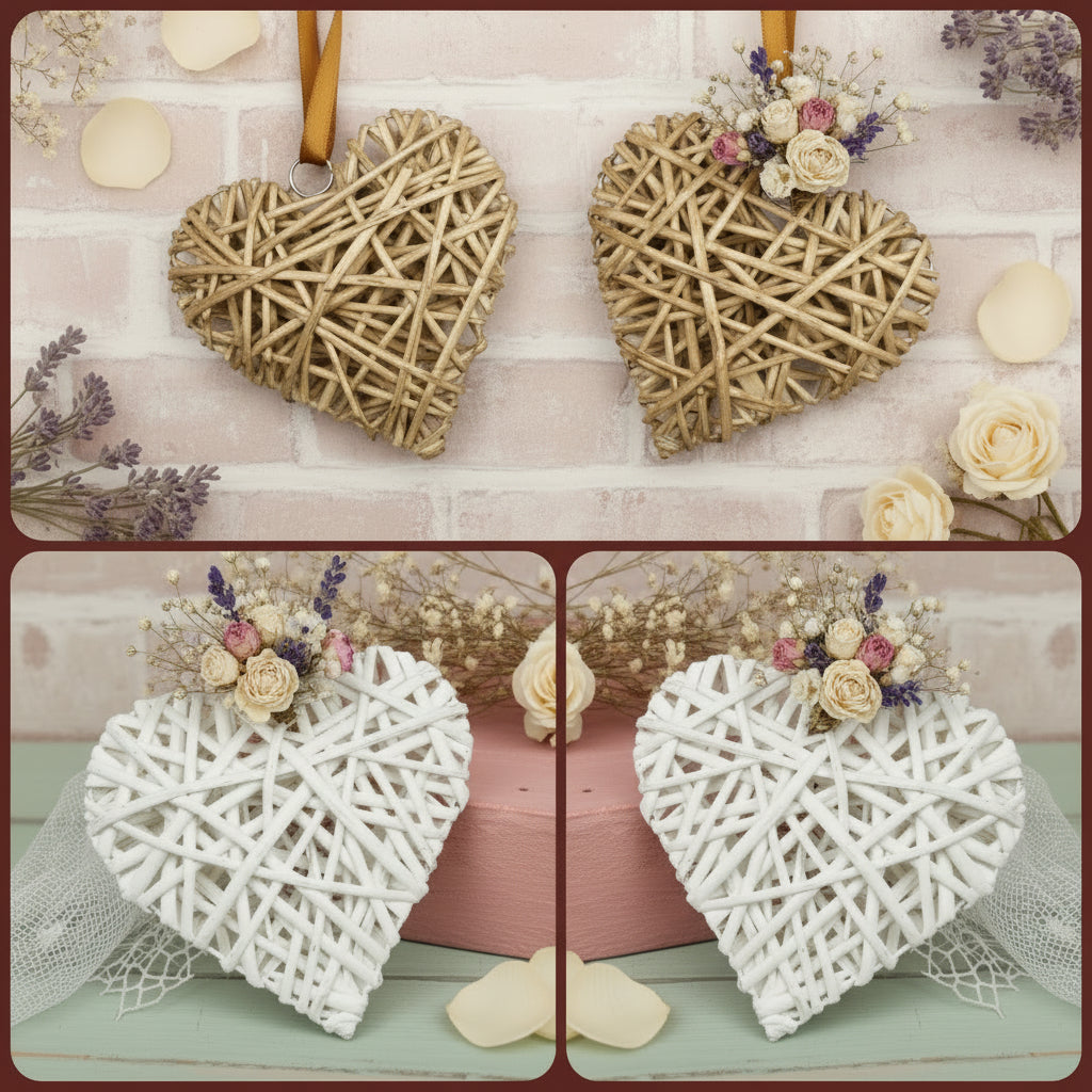 cuore vimini rattan viticcio midollino salice cuoricino da decorare e appendere colore bianco sbiancato marrone naturale per fuoriporta