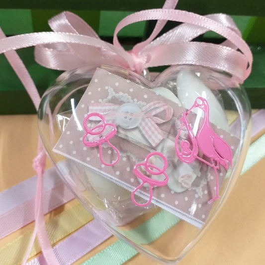 scatoline portaconfetti cicogna ciuccio cuori nascita Battesimo rosa e colori pastello bimba femminuccia bomboniere babyshower e allestimento confettata aprifesta confezionate confetti bigliettino principessa