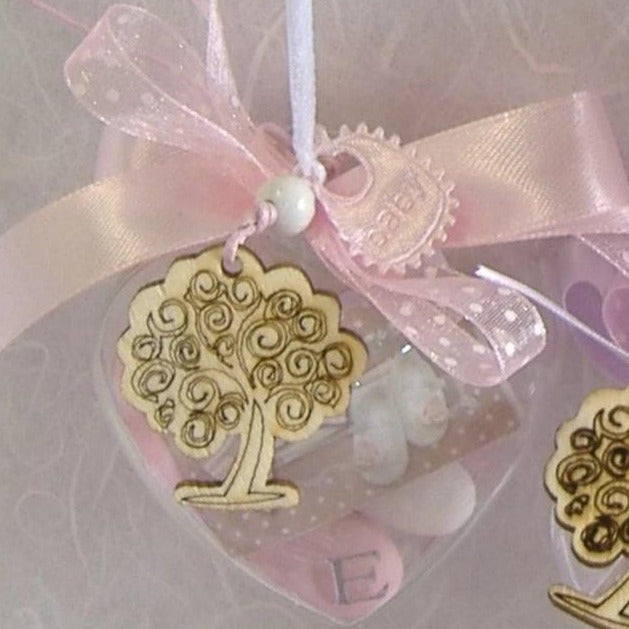 cuori per bomboniere battesimo bimba portachiavi albero della vita bavaglina letterina iniziale rosa cipria
