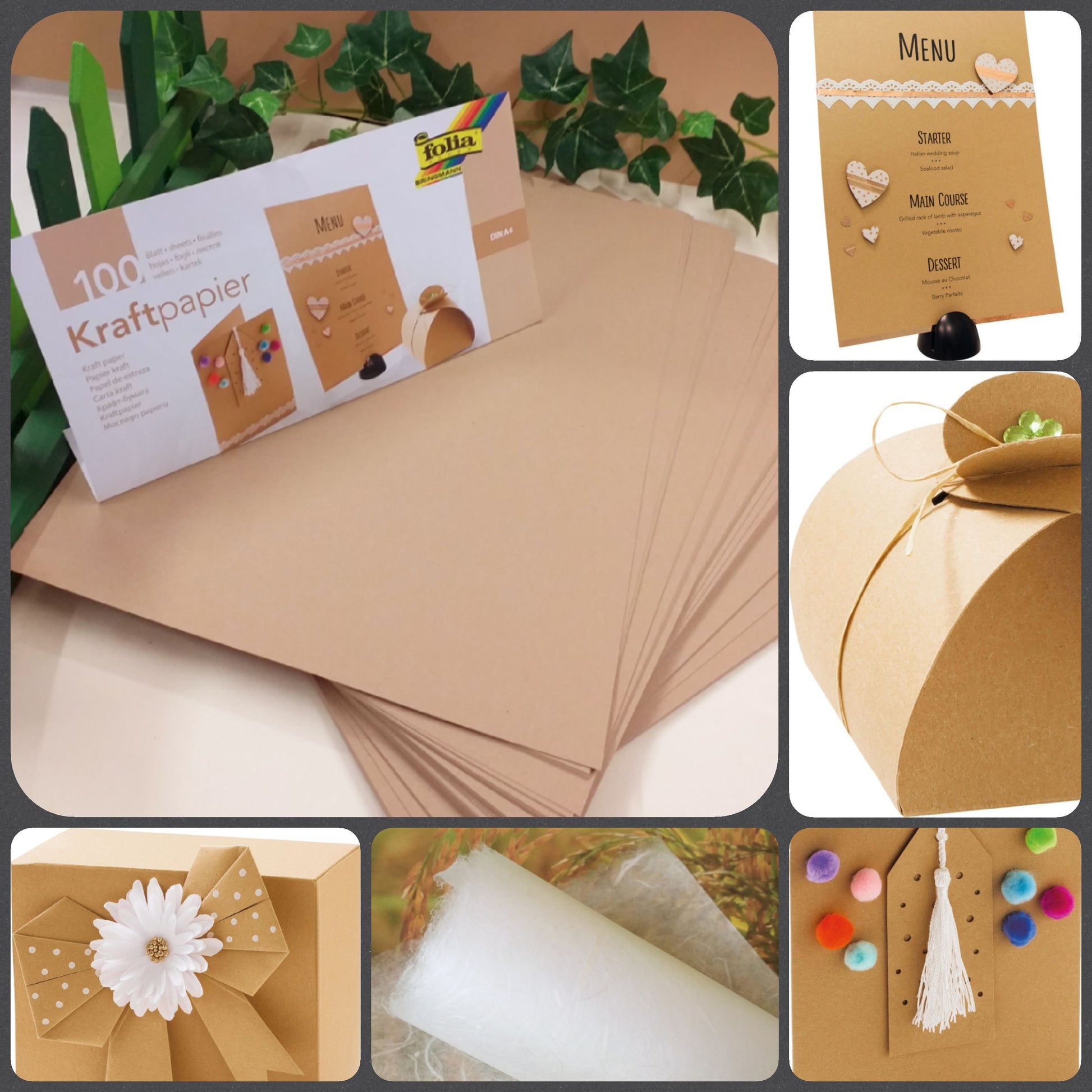 carta di riso bianca foglio e risma cartoncino kraft beige avana per decoupage scrapbooking biglietti inviti menu ristorante scatoline lavoretti creativi bambini natale
