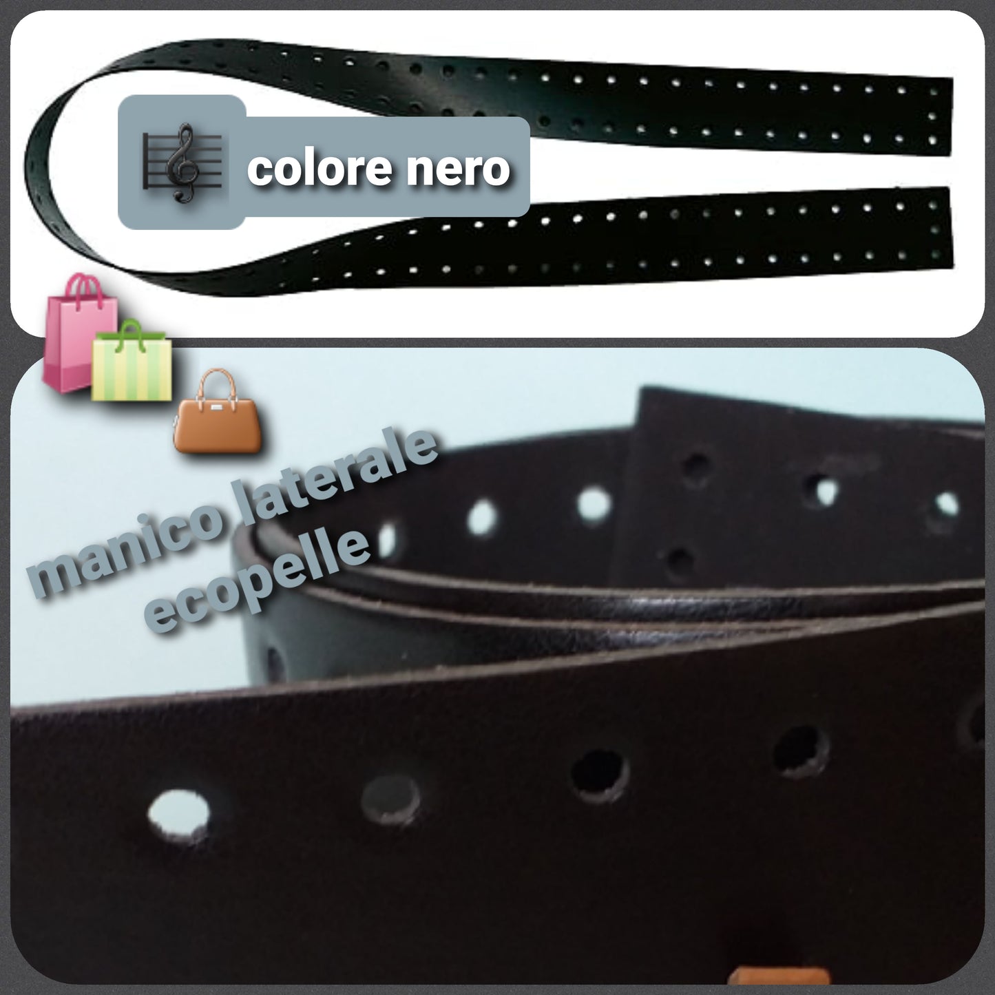 manici laterali forati con buchi ecopelle nero colore accessori borse uncinetto fai da te artigianali