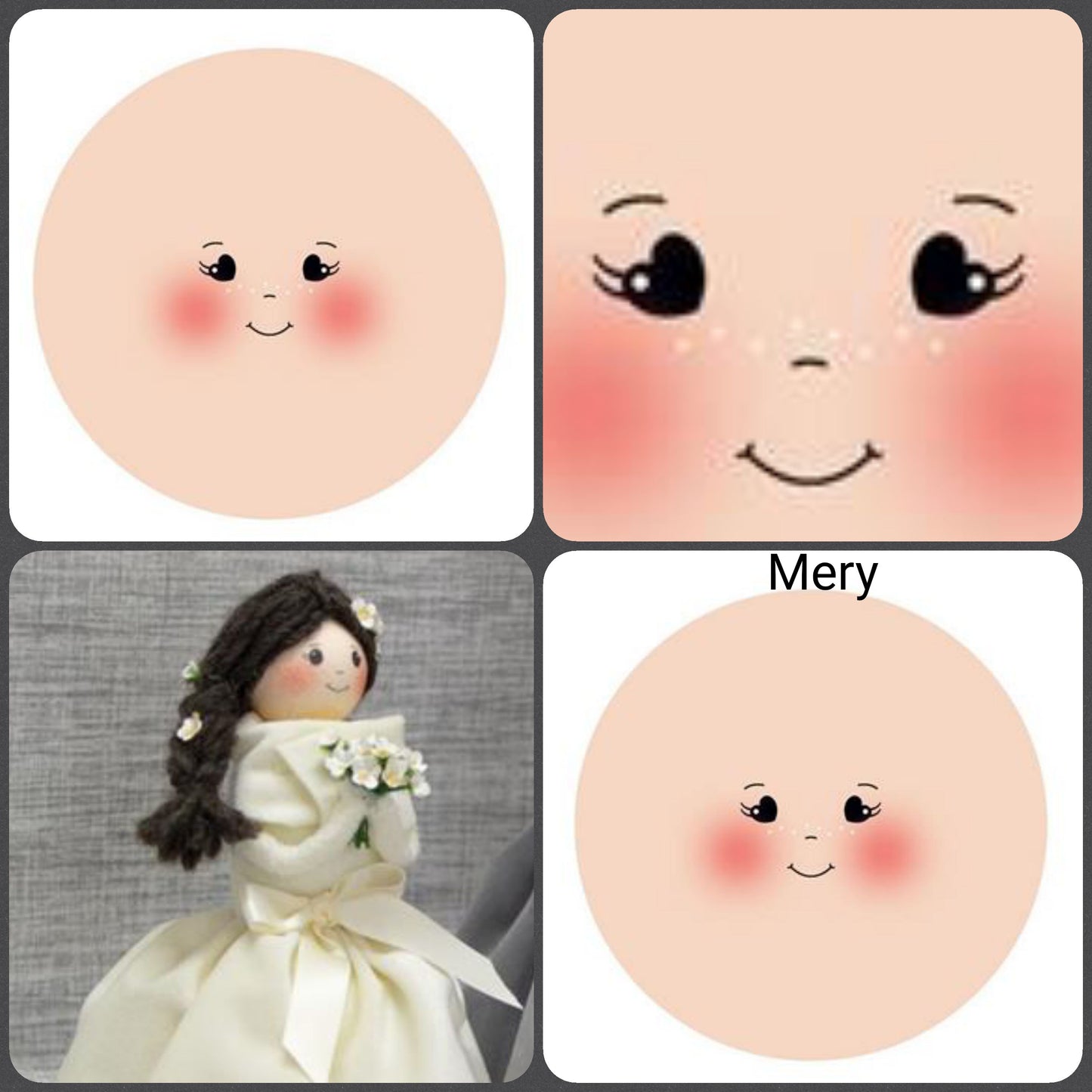 Mery bambola di stoffa Natale angelo di pezza con tessuto maglina faccine stampate 7.5 cm per visi 4 cm disegnate occhi cuoricini