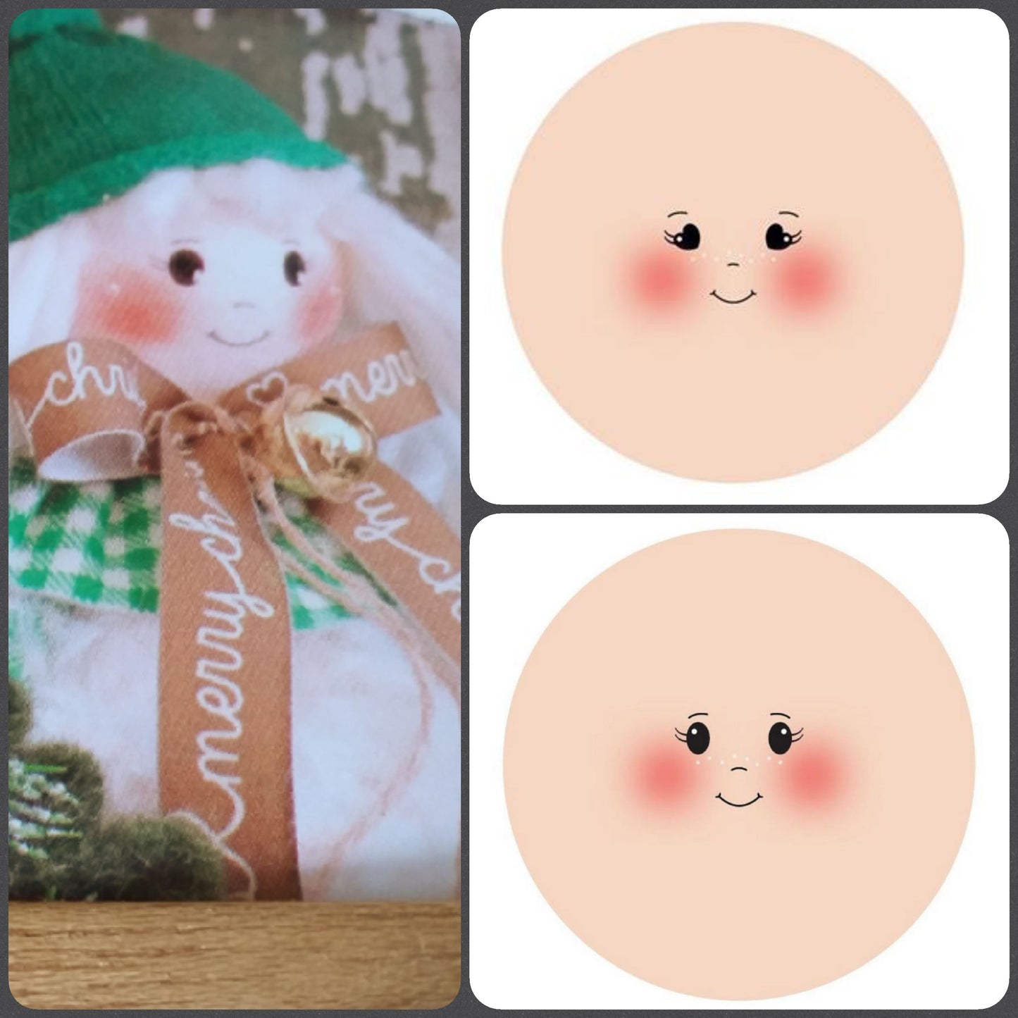 come creare bambola di stoffa Natale angelo di pezza con tessuto maglina faccine stampate 7.5 cm per visi 4 cm disegnate occhi ovali cuoricini