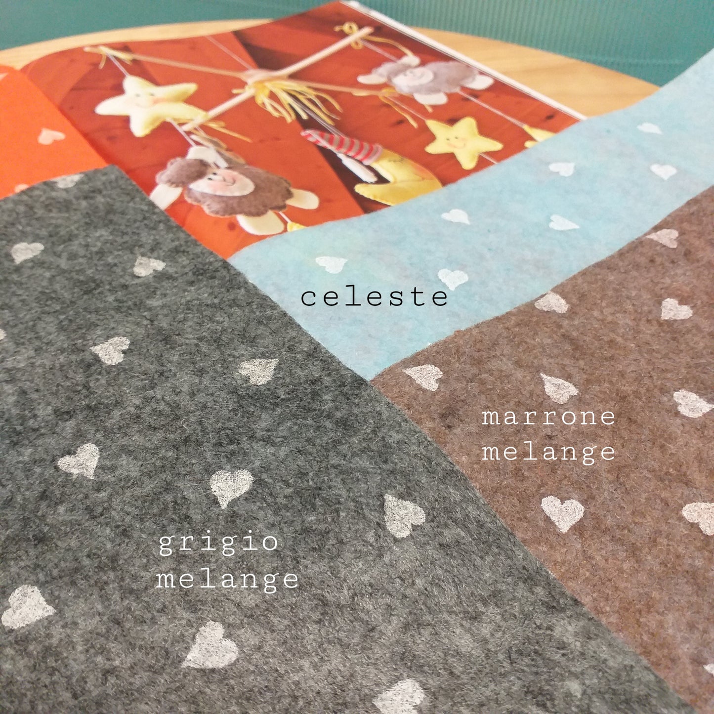 cuoricini fantasia pannolenci stampato feltro colori foglio creazioni fiocco nascita fai da te giostrina bambini animaletti pasquali stellina luna