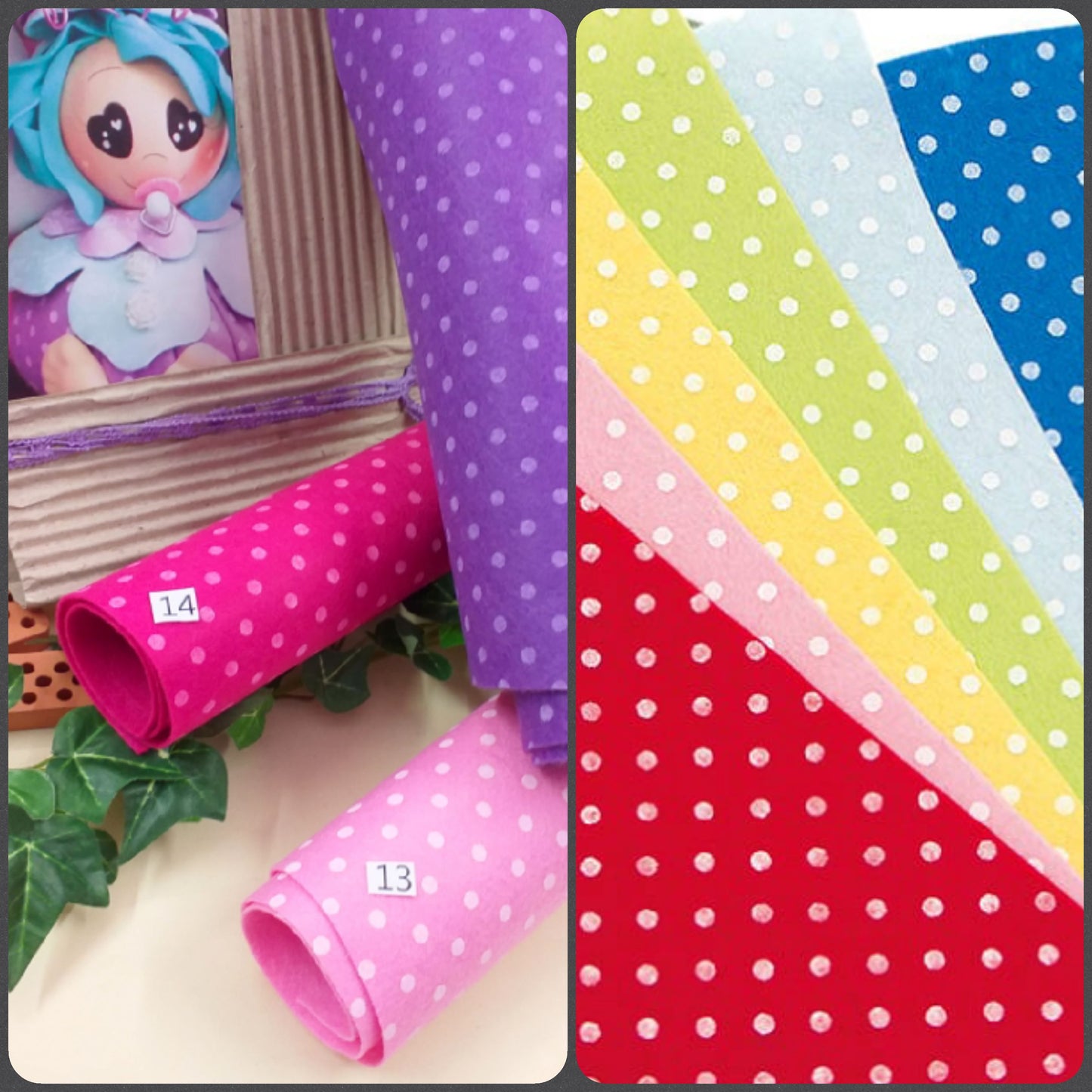 rosso bianco grigio verde marrone giallo fucsia glicine rosa blu azzurro colori pannolenci stampato disegnato fantasia pois bianchi rossi feltro morbidissimo ad uso cucito creativo tessuto per decorazioni addobbi albero natale fai da te